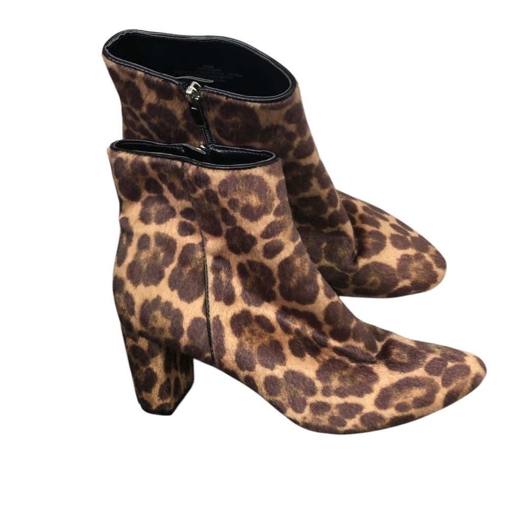 Nine West Leopard Faux Fur Boots Women's 8.5 Block Heel Midcalf Mob Wife Classic